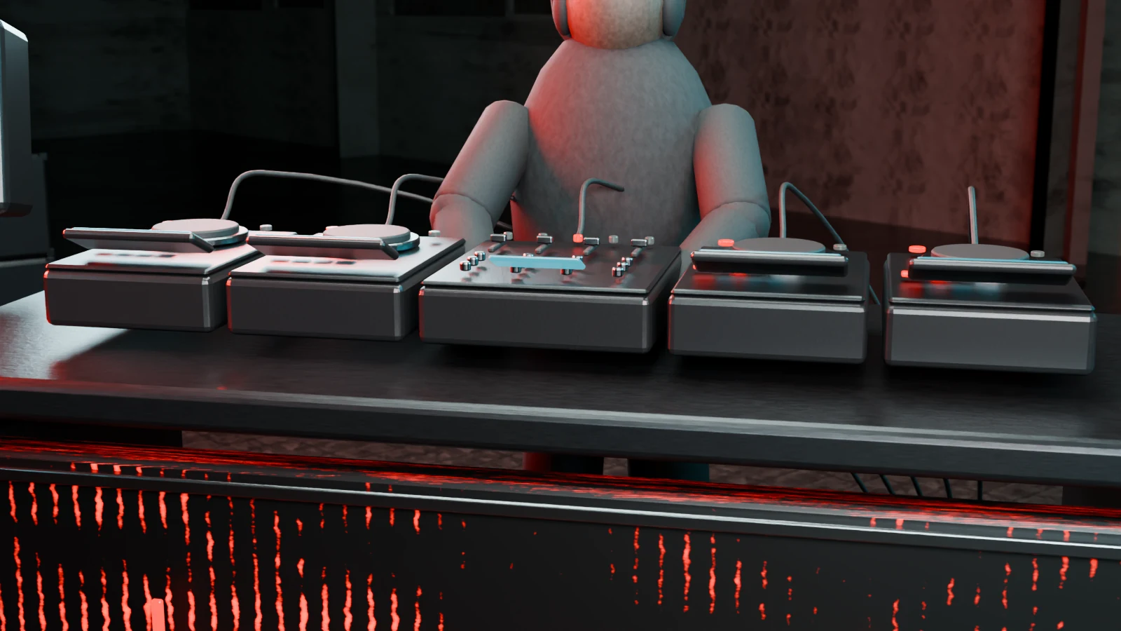 Existing Blender concept version: close-up of DJ equipment models, cables and a textured booth surface