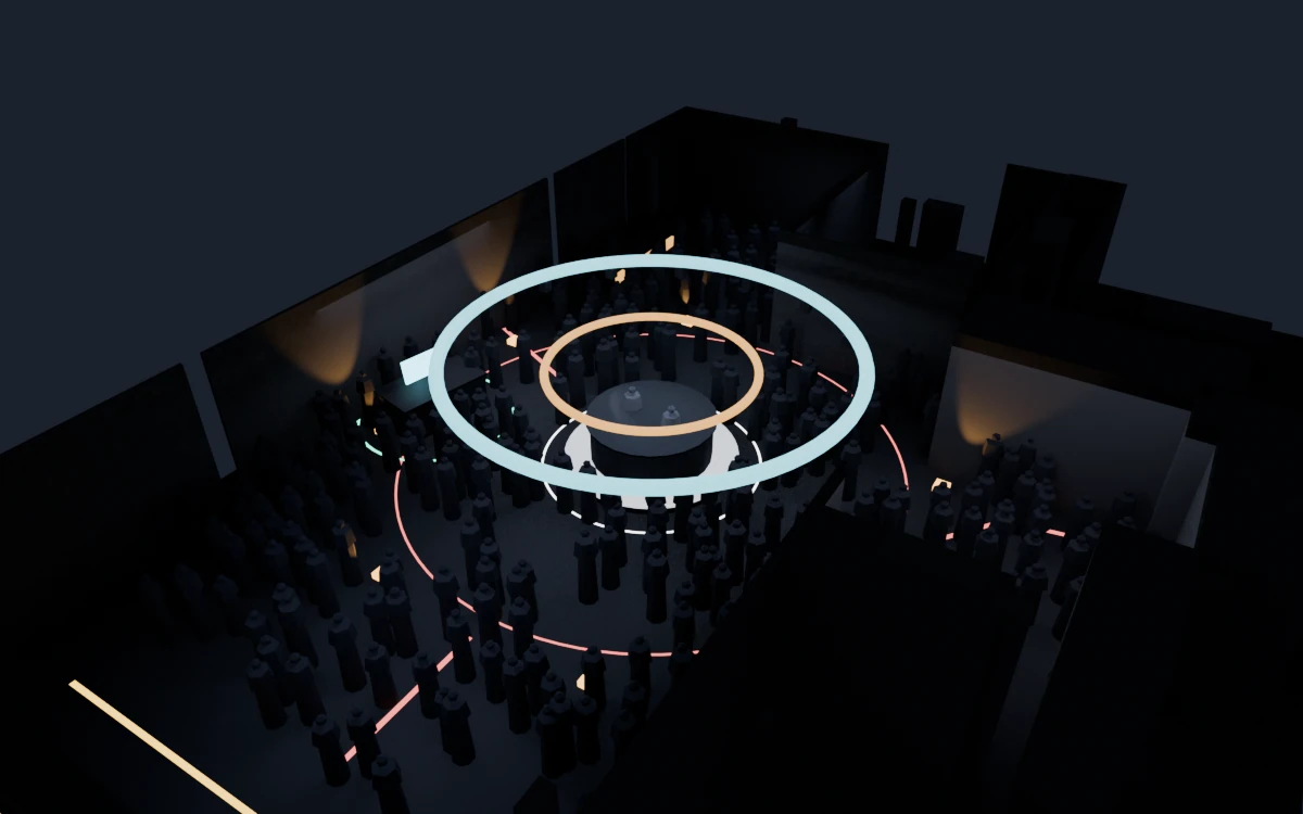 Vergleich der frühen Ring-Raumvariante: links graue Geometrie, rechts Materialien und Licht, jeweils aus derselben Kamera